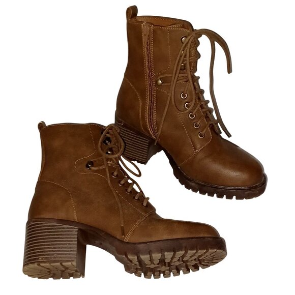 Brown Chunky Platform Lug Block Heel Lace up Zip Faux Leather Ankle Boots Wms 7 - Picture 8 of 14